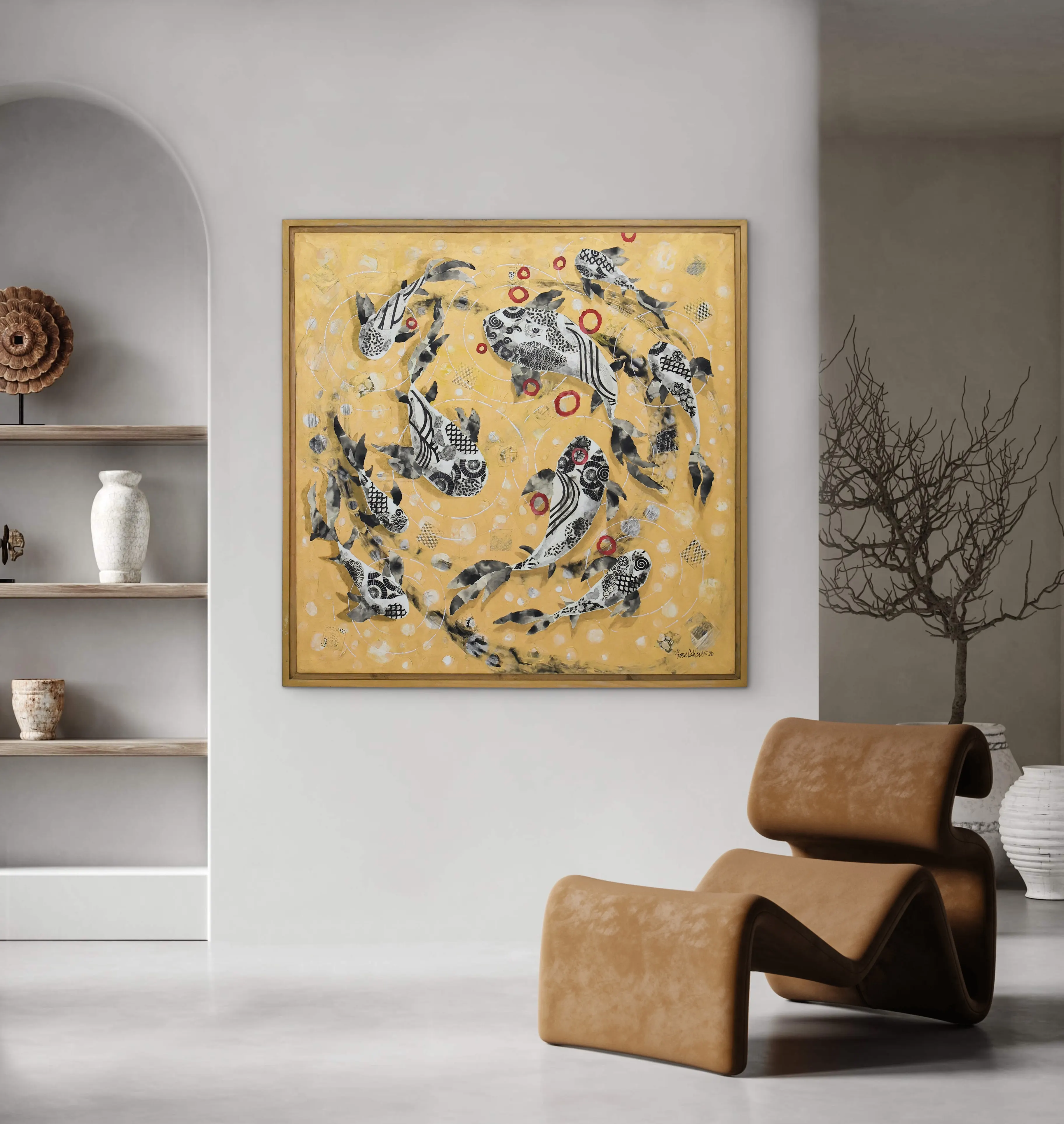 A nature-related artwork placed in a calm interior with daylight and material contrast